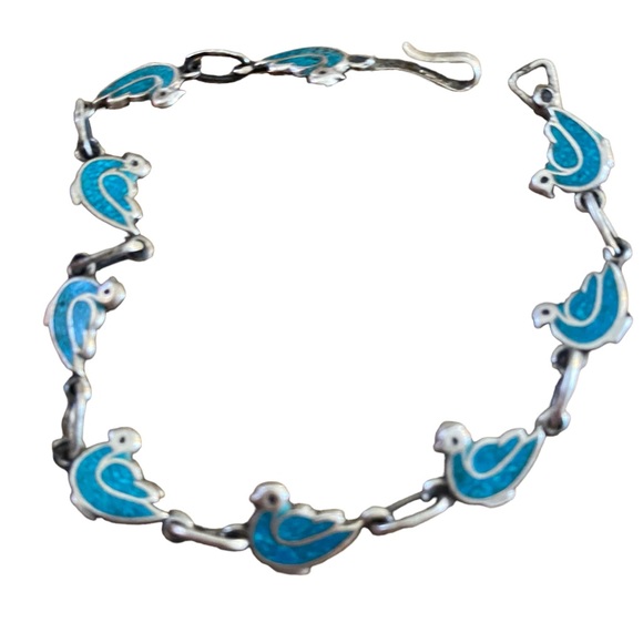 Vintage southwest birds crushed turquoise inlay in sterling silver bracelet - Picture 6 of 8